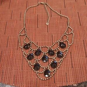 Boho Black Teardrop Statement Necklace Faux Patina Silver Chain EUC